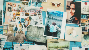 Kreative Collage, die verschiedene persönliche Momente auf einer bunten Wand mit viel Platz für neue Erinnerungen zeigt
