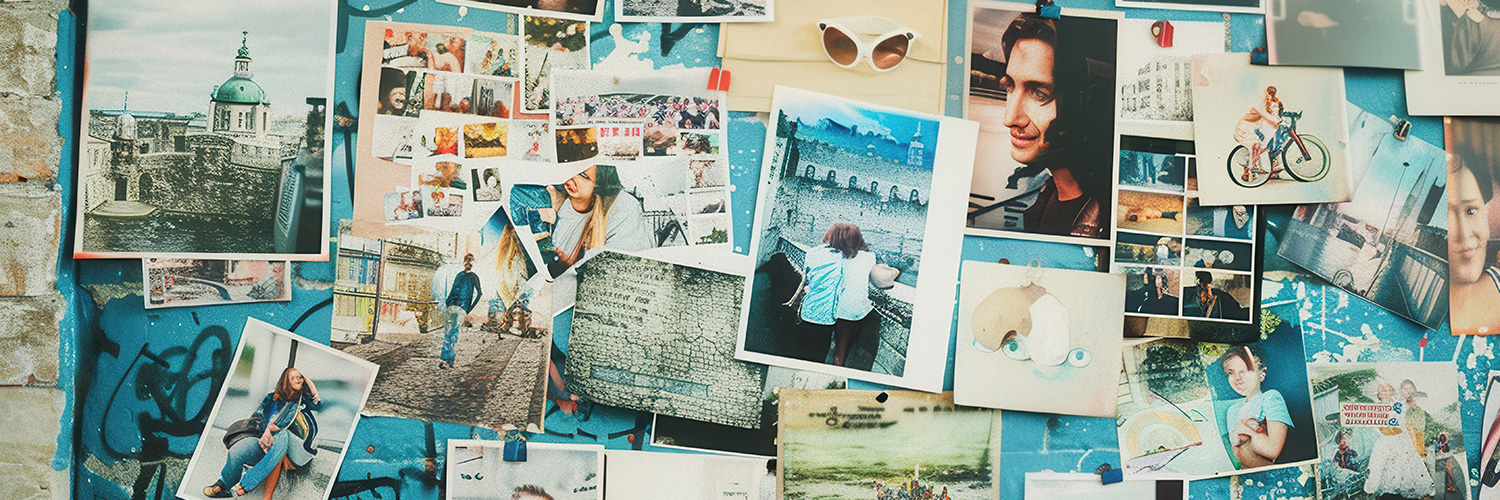 Kreative Collage, die verschiedene persönliche Momente auf einer bunten Wand mit viel Platz für neue Erinnerungen zeigt