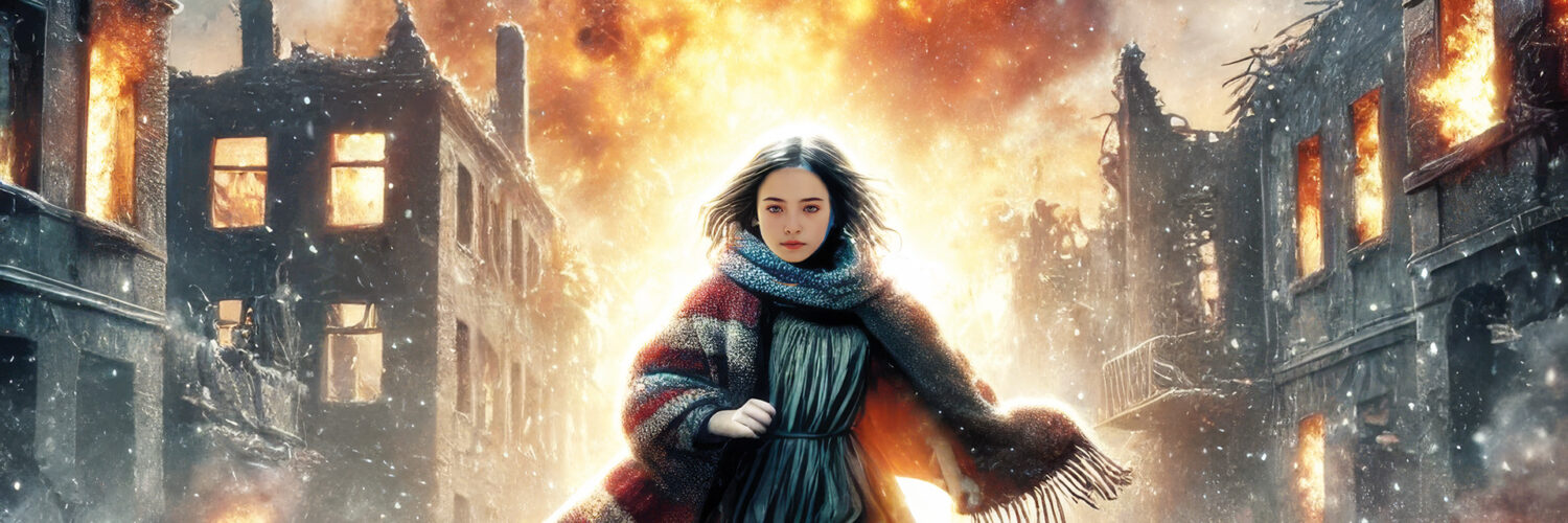 A girl runs through the bombed-out street. Explosions in the background.