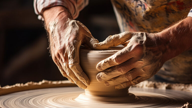 A potter skillfully shaping a bowl on a potter's wheel in a workshop, with a photo from the copy room
