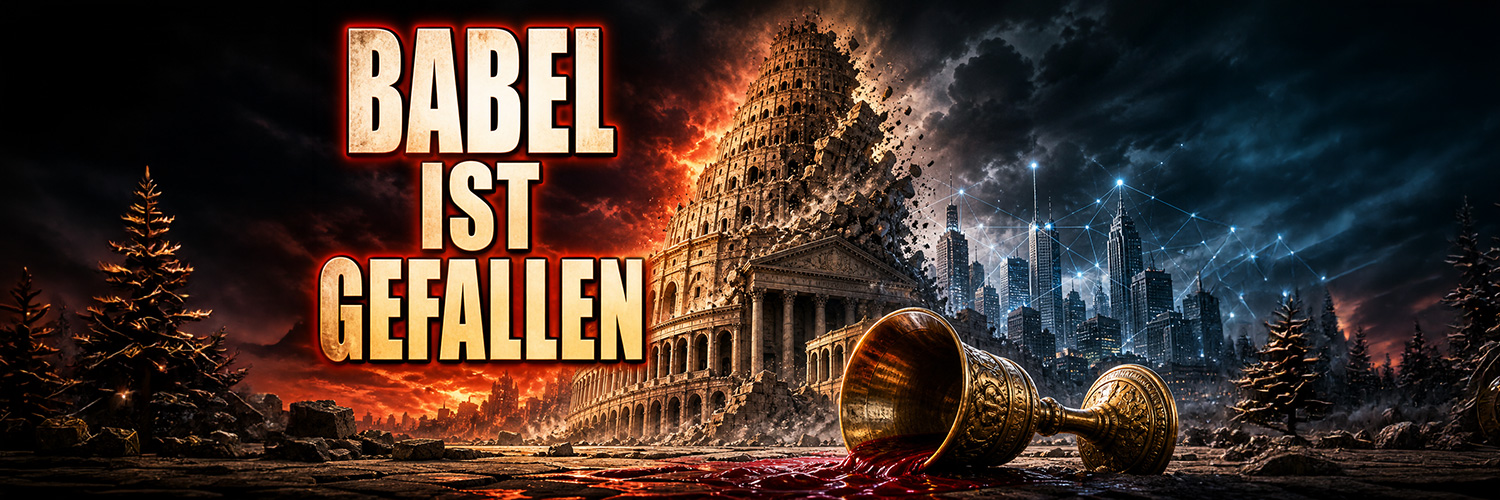 ### Deutsch Ein einstürzender Turm zu Babel verschmilzt mit römischer Architektur und einer digital vernetzten modernen Großstadt. Im Vordergrund liegt ein umgestürzter goldener Kelch, aus dem roter Wein fließt. Der Schriftzug lautet: „BABEL IST GEFALLEN.“