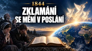 Miniatura s nápisem „1844 – Zklamání se stává posláním“. Vlevo truchlící lidé v historických oděvech, v popředí otevřená Bible, vpravo Země ve zlatém světle a tři andělé s trubkami.