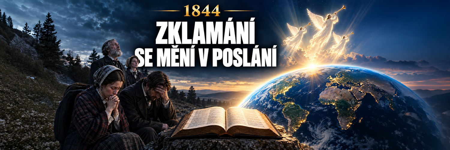Miniatura s nápisem „1844 – Zklamání se stává posláním“. Vlevo truchlící lidé v historických oděvech, v popředí otevřená Bible, vpravo Země ve zlatém světle a tři andělé s trubkami.