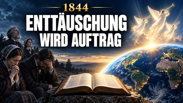 Thumbnail mit der Aufschrift „1844 – Enttäuschung wird Auftrag“. Links trauernde Menschen in historischer Kleidung, vorne eine offene Bibel, rechts die Erde im goldenen Licht und drei Engel mit Posaunen.
