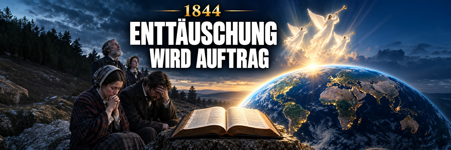 Thumbnail mit der Aufschrift „1844 – Enttäuschung wird Auftrag“. Links trauernde Menschen in historischer Kleidung, vorne eine offene Bibel, rechts die Erde im goldenen Licht und drei Engel mit Posaunen.