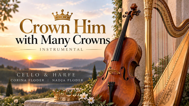 **Alternativtext:** Thumbnail zu „Crown Him with Many Crowns“ mit Cello und Harfe vor einer warmen Berg- und Seenlandschaft im Sonnenuntergang. Zwei goldene Kronen symbolisieren den Titel des geistlichen Instrumentalstücks von Corina Floder und Nadja Floder.