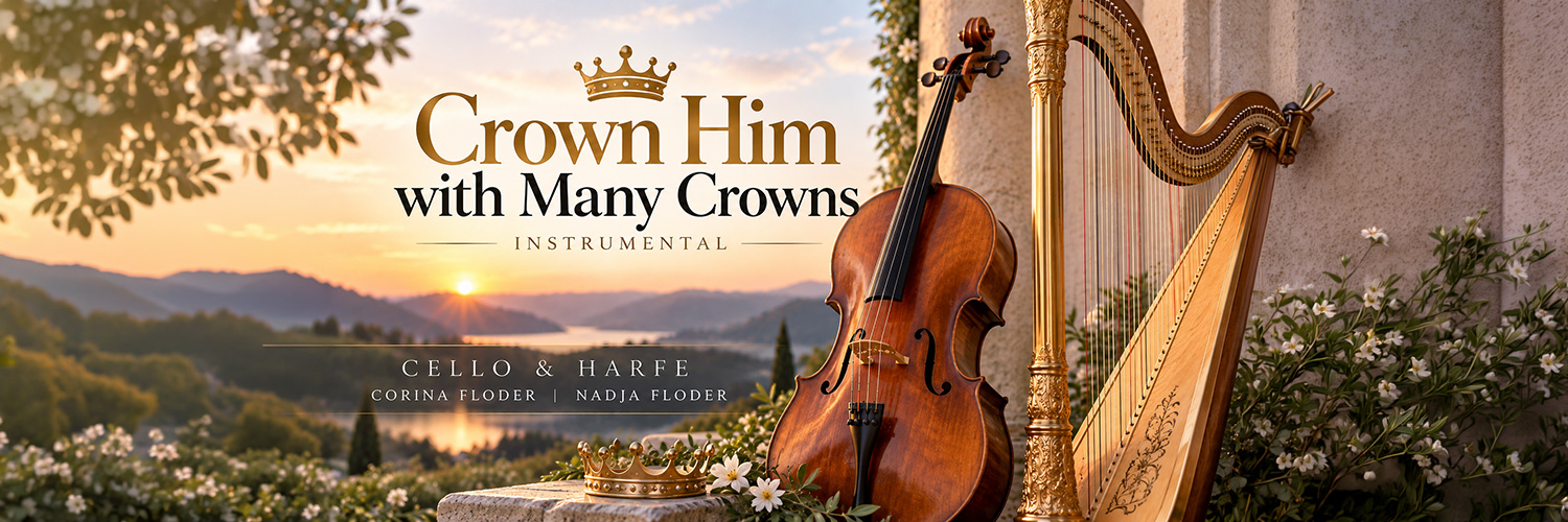 **Alternativtext:** Thumbnail zu „Crown Him with Many Crowns“ mit Cello und Harfe vor einer warmen Berg- und Seenlandschaft im Sonnenuntergang. Zwei goldene Kronen symbolisieren den Titel des geistlichen Instrumentalstücks von Corina Floder und Nadja Floder.