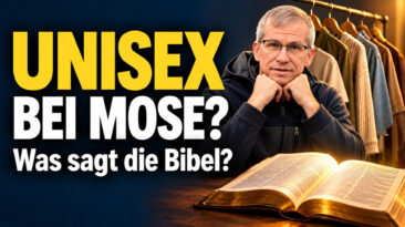 Kai Mester neben einer aufgeschlagenen Bibel und Kleidung; links der Text „Unisex bei Mose? Was sagt die Bibel?“.
