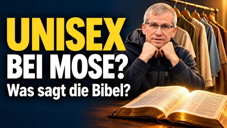 Kai Mester neben einer aufgeschlagenen Bibel und Kleidung; links der Text „Unisex bei Mose? Was sagt die Bibel?“.