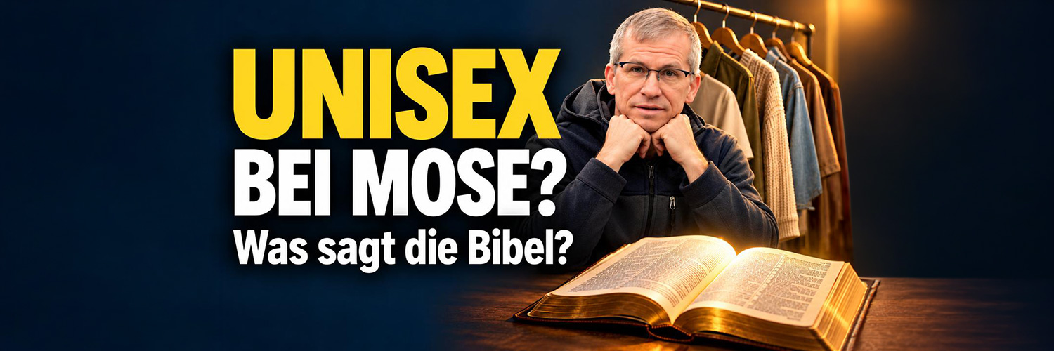 Kai Mester neben einer aufgeschlagenen Bibel und Kleidung; links der Text „Unisex bei Mose? Was sagt die Bibel?“.